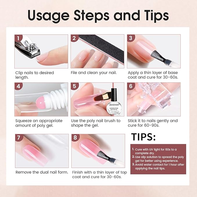 JEWHITENY Poly Extension Gel Nail Set Clear Pink Poly Nail Gel With Slip Solution Base Coat Top Coat French Manicure Need U V Lamp Curing for Finger Art and Home DIY-BrightBean Baby