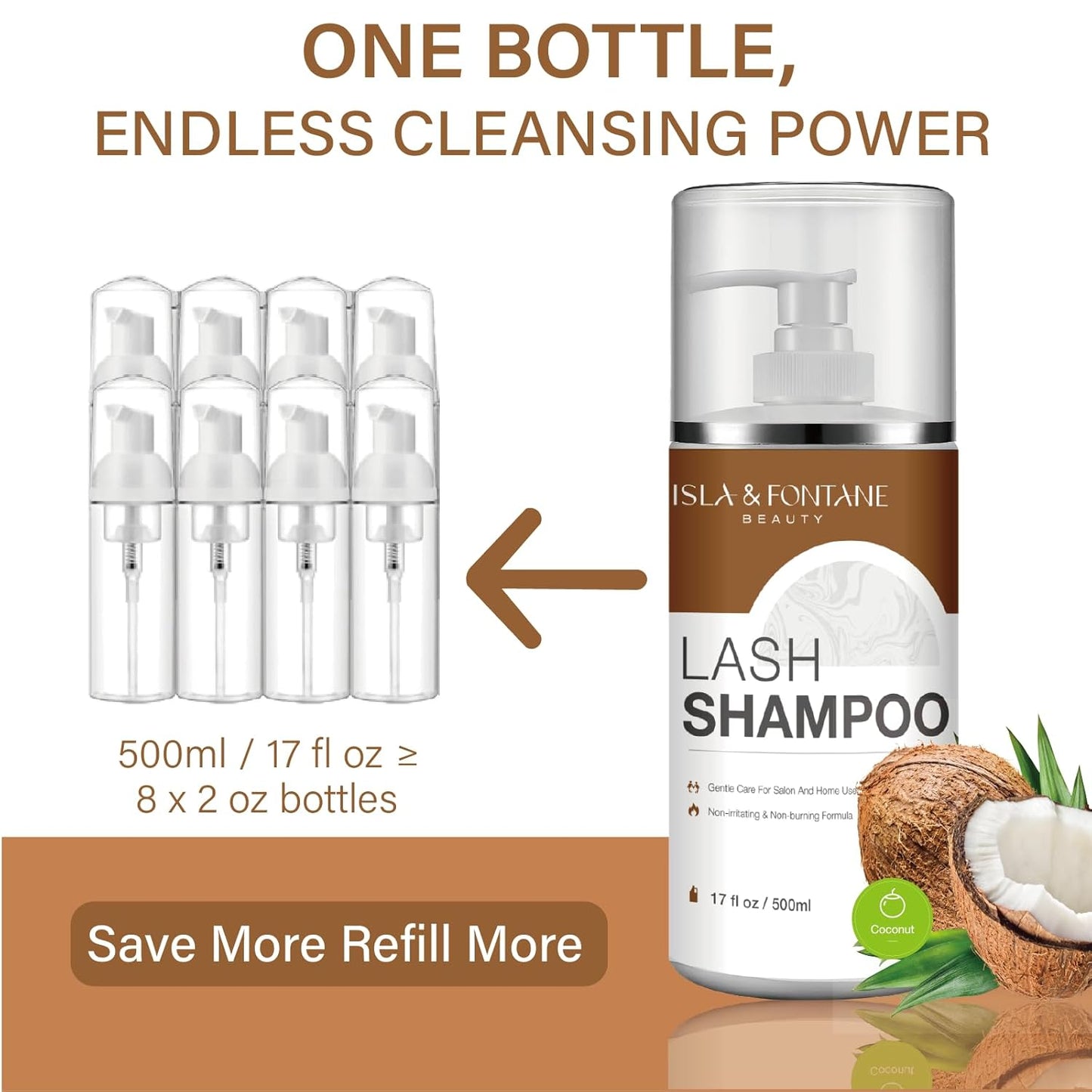 ISLA & FONTANE Lash Shampoo Bulk – Multi-Scent Series – 17 fl oz / 500ml | Gentle Eyelash Cleanser for Lash Extensions | Non-Irritating | Professional Lash Bath Foam For Salon And Home Use (Coconut)-BrightBean Baby