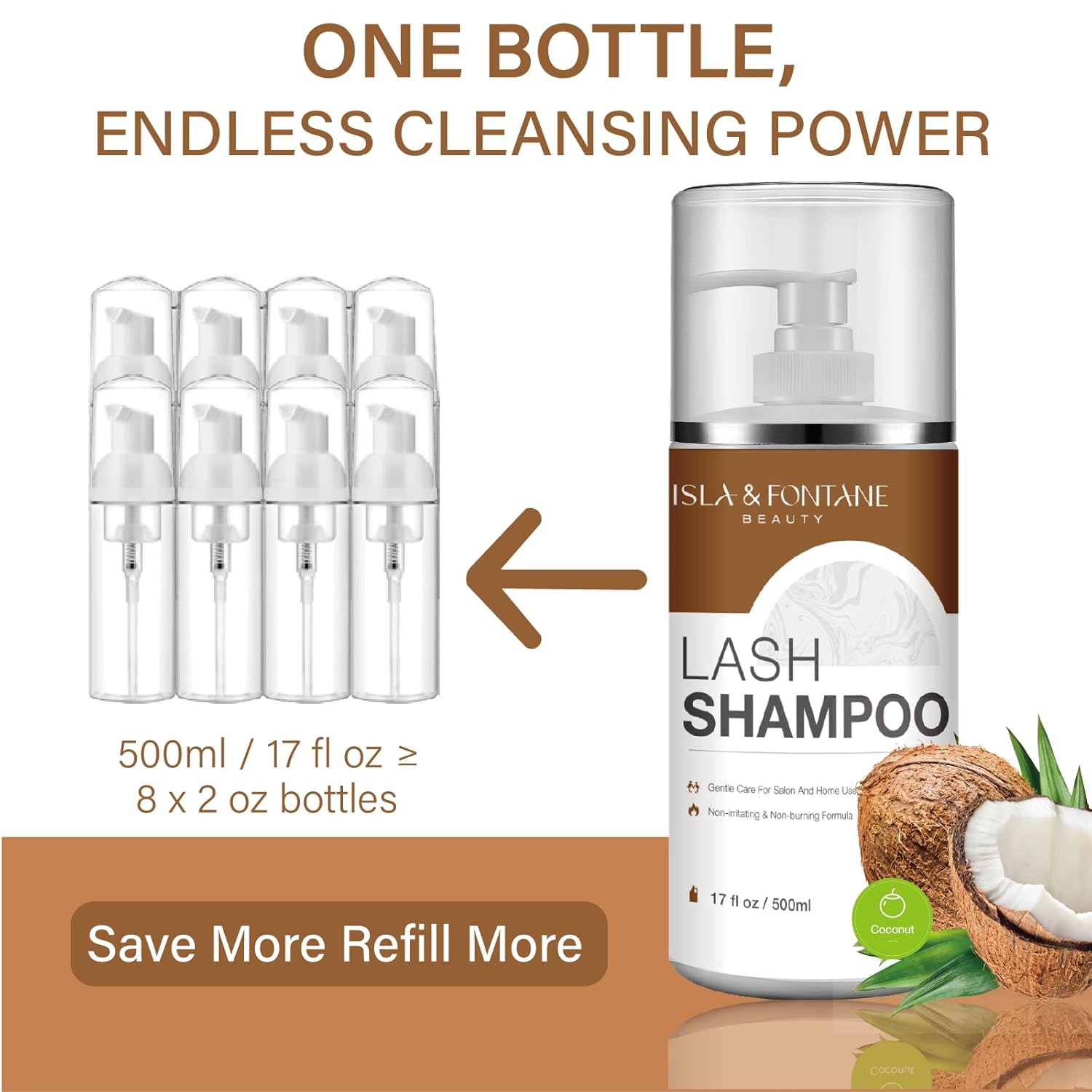 ISLA & FONTANE Lash Shampoo Bulk – Multi-Scent Series – 17 fl oz / 500ml | Gentle Eyelash Cleanser for Lash Extensions | Non-Irritating | Professional Lash Bath Foam For Salon And Home Use (Coconut)-BrightBean Baby