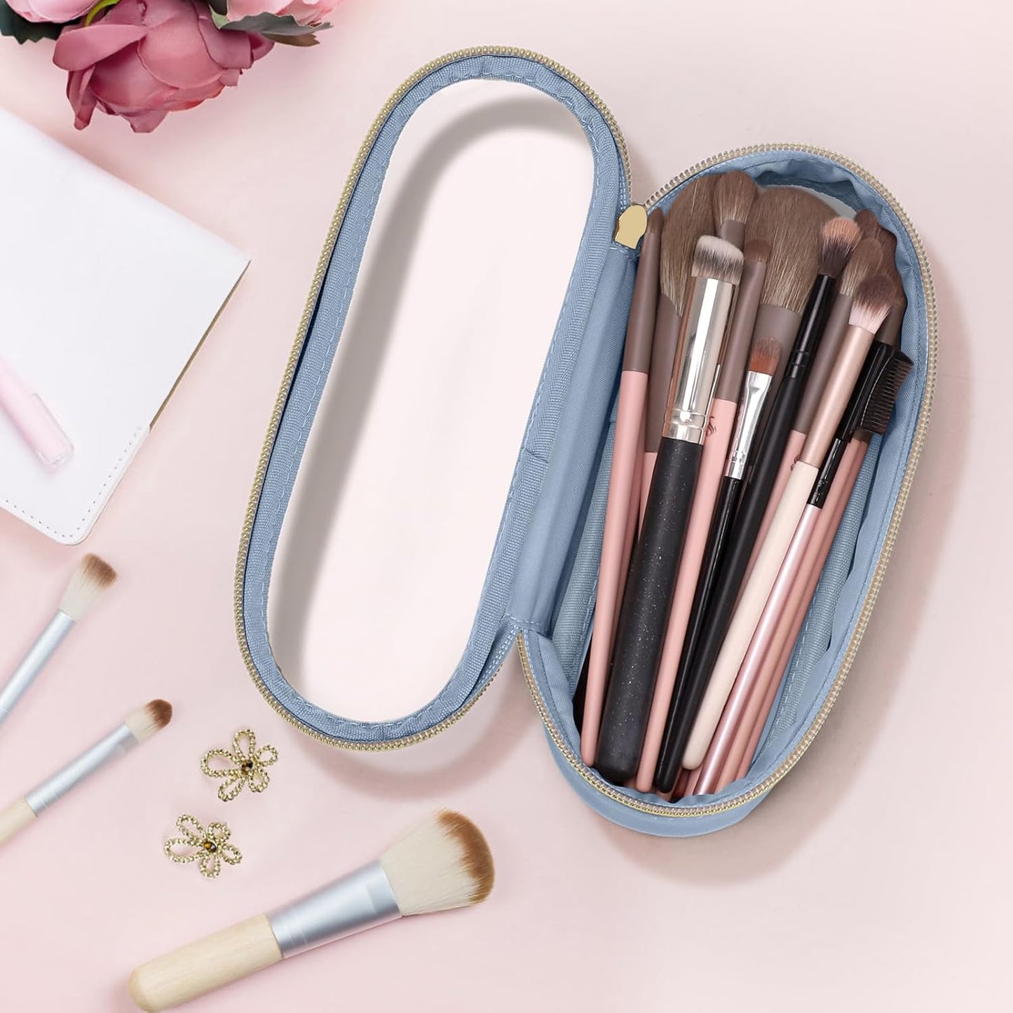Clear Travel Makeup Brush Holder, Leather Makeup Brush Toiletry Bag, Portable Cosmetic Brush Case, Transparent Waterproof Makeup Brush Storage Bag, Blue-BrightBean Baby