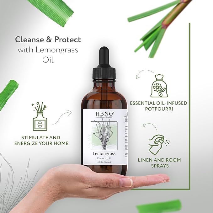 HBNO California Bottled Lemongrass Essential Oil 4 fl oz (120ml) - Natural Lemongrass Oil, Perfect for Cleaning, Aromatherapy, DIY, Soap & Diffuser -BrightBean Baby