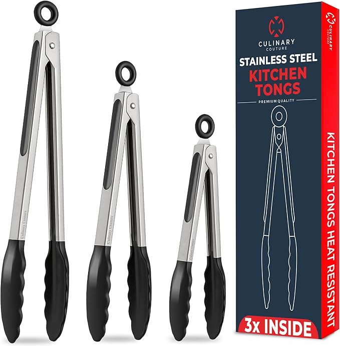 Kitchen Tongs for Cooking with Silicone Tips, Heat Resistant Tongs for Serving Food, 7-Inch, 9-Inch, 12-Inch Locking Silicone Tong, Set of 3 Salad Tong, Black Kitchen Utensils