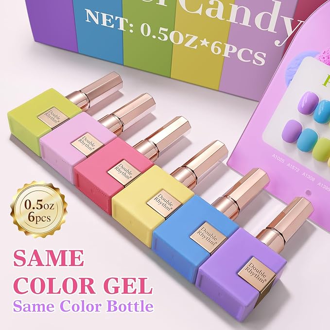 Double Rhythm 6 Pcs 15 ML Gel Polish Set Same Color Same Bottle Soak Off Gel Polish Kit Nail Art Manicure Salon DIY at Home for Women (Purple Blue Green Yellow Pink Peach-T6-10)-BrightBean Baby
