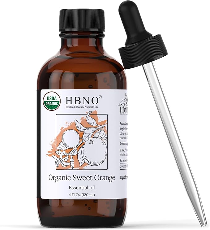 HBNO Organic Orange Essential Oil - Huge 4 oz (120ml) Value Size - USDA Certified Organic Orange Essential Oil, Cold Pressed for Aromatherapy, Soap Making, DIY, Diffuser-BrightBean Baby
