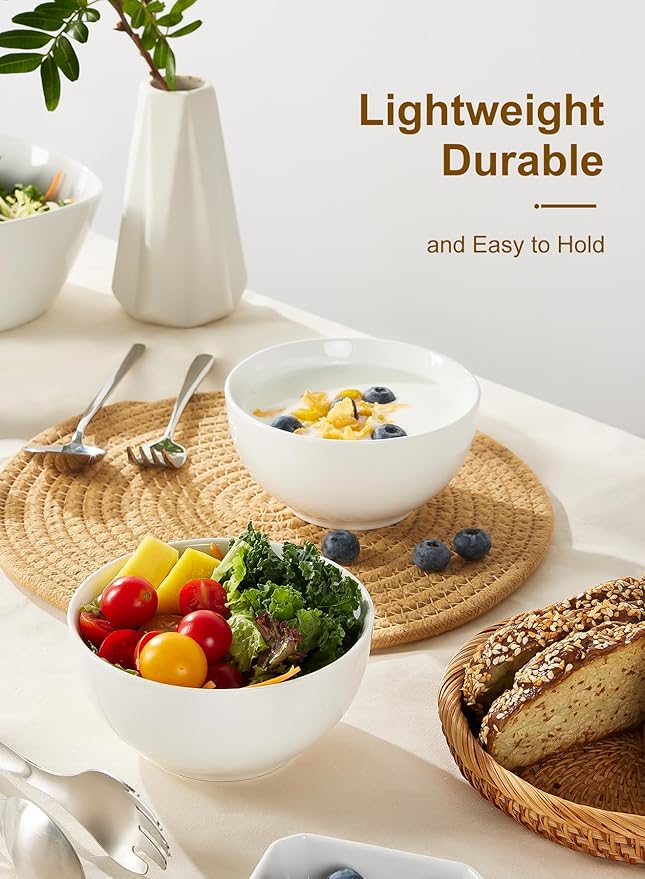 Yedio White Ceramic Cereal Bowls, 17 Ounce Porcelain Bowl for Kitchen Cereal Soup Rice Salad Pasta Dessert Snack Fruits Ice Cream, Set of 6, Microwave Dishwasher Freezer Oven Safe Easy Clean Stackable