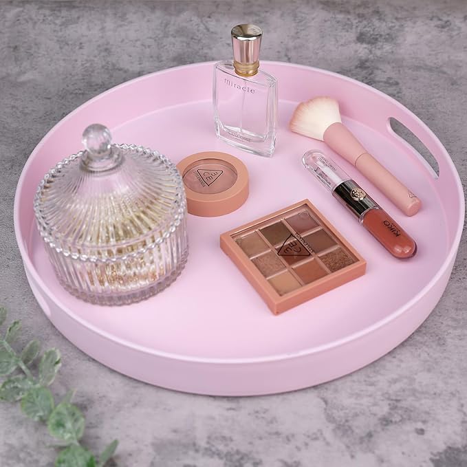 Round Pink Decorative Serving Tray with Handles, 13” Versatile Ottoman Tray for Coffee Table, Entertaining, Outdoor Patio, Living Room
