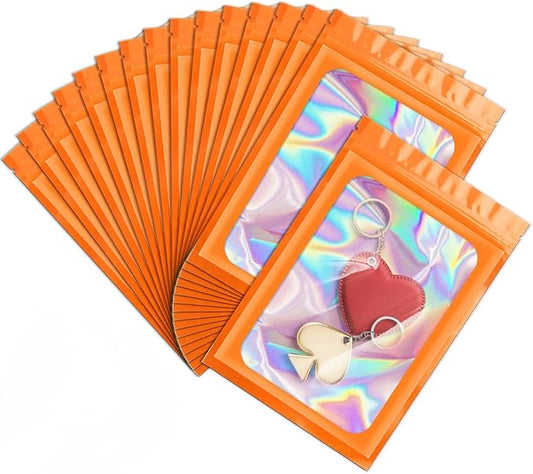 ANZNKU 100 Pcs Smell Proof Mylar Resealable Bags, Holographic Packaging Bags, Resealable Odor Foil Pouch Zip Bag with Clear Window for Food Storage and Lipgloss, Jewelry Lash (Orange, 4.7 x 7.9 Inch)-BrightBean Baby