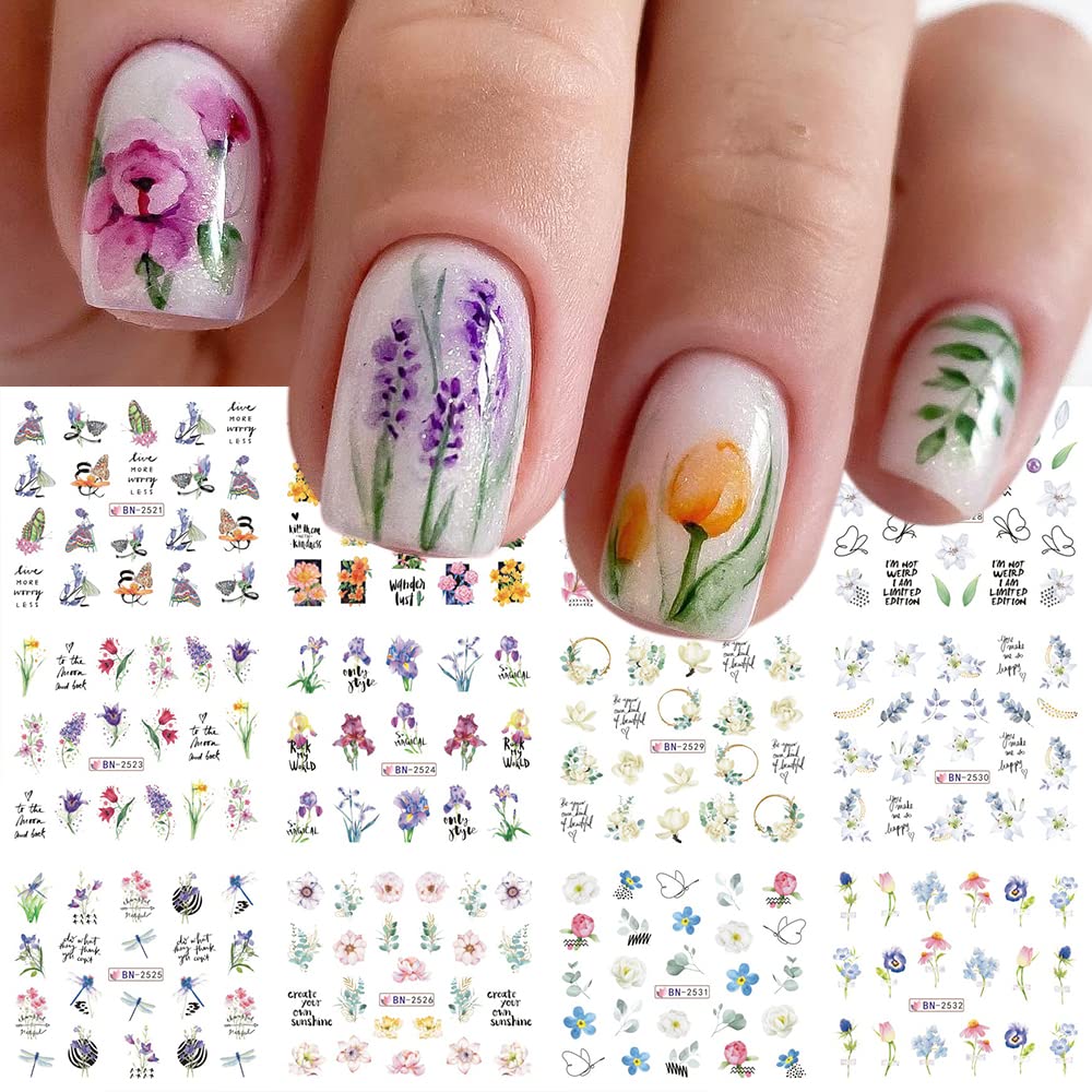 12 Sheets Flower Water Transfer Nail Stickers Purple Fresh Flower Nail Art Decals with Assorted Pattern Blossom Floral Butterfly Dragonfly DIY Nail Art supplies for Women Nail Decorations Manicure Tip-BrightBean Baby