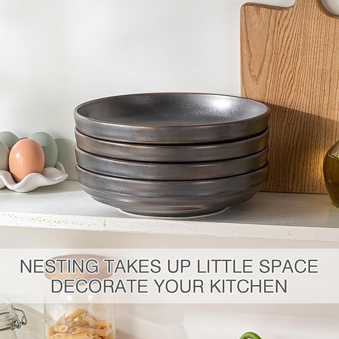 HAPPY KIT Stoneware Pasta Bowls 9'', Set of 4, 42 Oz, Reactive Glaze Large Salad Bowls, Ceramic Serving Bowls for Fruit,Soup,Noodle, Dinner, Scratch Resistant, Bronze Gray
