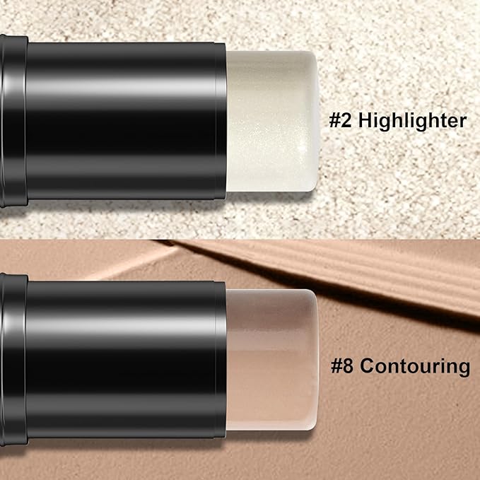 2Pcs Cream Contour Stick Makeup Kit, Cream Highlighter Stick and Bronzer Contour Stick with Longwear Waterproof Formula for Brightening and Trimming the Cheeks, Makeup Brush Include (#02, 08)-BrightBean Baby