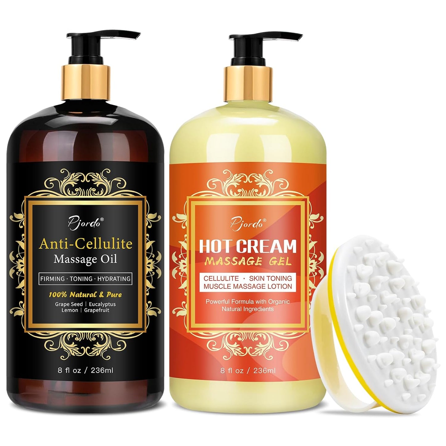 Anti Cellulite Massage Oil & Hot Cream Set with Massager, Natural Cellulite Remover, Oil & Massager for Legs Arms and Butt, Firm, Tighten & Moisturize Skin Soothes Muscles (8 Fl Oz)-BrightBean Baby