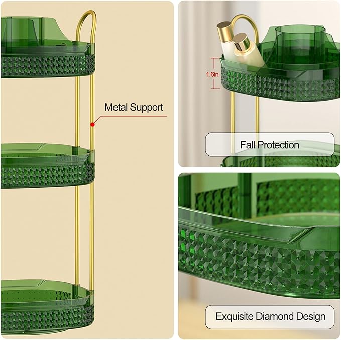 Rotating Makeup Organizer for Vanity 3 Tier, Perfume Organizer with Makeup Brush Holder, Large Capacity Cosmetics Clear Skincare Organizer for Countertop (Green)-BrightBean Baby
