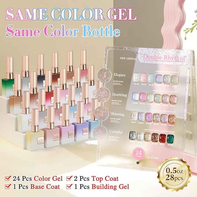 Double Rhythm 28Pcs 0.5Oz Glitter Gel Nail Polish Set Same Color Same Bottle Soak Off Gel Polish Kit Nail Art Manicure Salon DIY at Home (Sparkle Pearl Shimmer Collection-T24-9)-BrightBean Baby