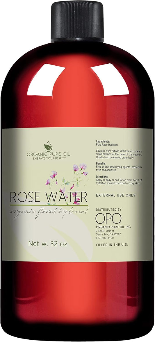 32 oz Rose Hydrosol Water – 100% Pure Rosewater Spray Mist Bulk – Hydrating Face Toner Rose Water for Skin and Hair Linen Spray for Sheets Room Freshener Body Spray Refill by Organic Pure Oil-BrightBean Baby