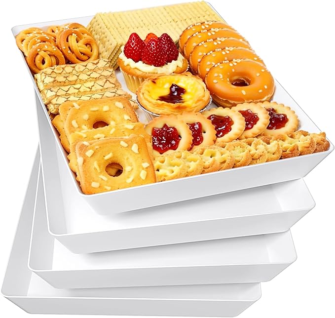 4-Pack Serving Tray, Serving Platter for Parties, Entertaining, Camping & Food Display, Reusable & Stackable Plastic Trays in Kitchen, Rectangular Food Platters for Cookie, Appetizer(White)