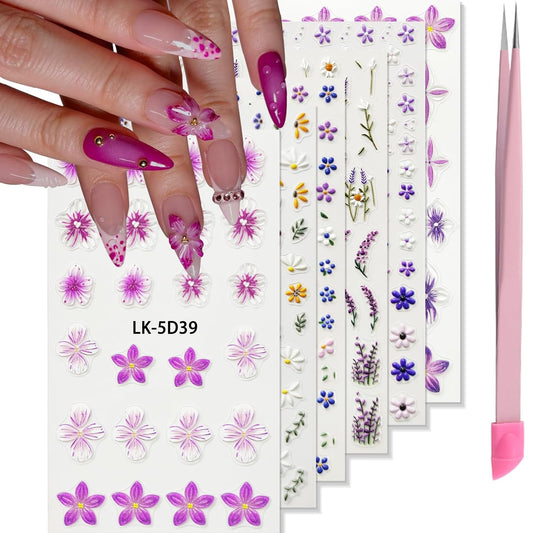 Flower Nail Art Stickers 5D Embossed Flower Nail Decals Spring Summer Pink Flowers Nails Design 3D Self-Adhesive Accessories for Women Nails DIY Decoration(6 Sheets)-BrightBean Baby