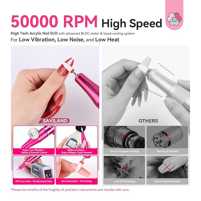 SAVILAND Electric Nail Drill 50000 RPM: Cordless Electric Nail File 10 H Battery Life Rechargeable Nail Drill Kit with Ceramic Drill Bits for Acrylic Nail Removal Ambient Light Black and Pink Ombre-BrightBean Baby