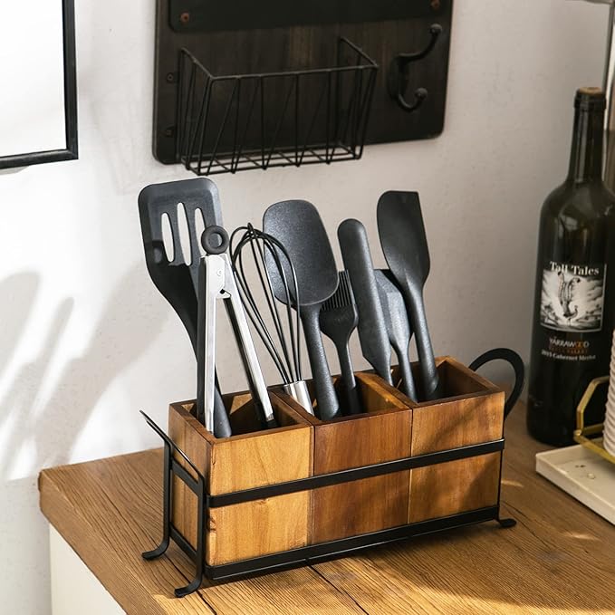 Utensil Caddy Silverware Cutlery Holder with 3 Compartment, Wooden Utensil Crock Flatware Organizers with Metal Tray, Rustic Kitchen Utensil Organizers for Farmhouse Kitchen and Countertop