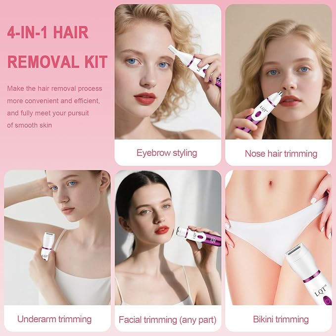 Electric Bikini Trimmer for Women,Led Power Display Removal for Body Nose Hair Trimmer Face Shavers Eyebrow Legs Armpit Bikini Area Pubic Underarms Rechargeable Portable 4 in 1 Womens Razors Set-BrightBean Baby