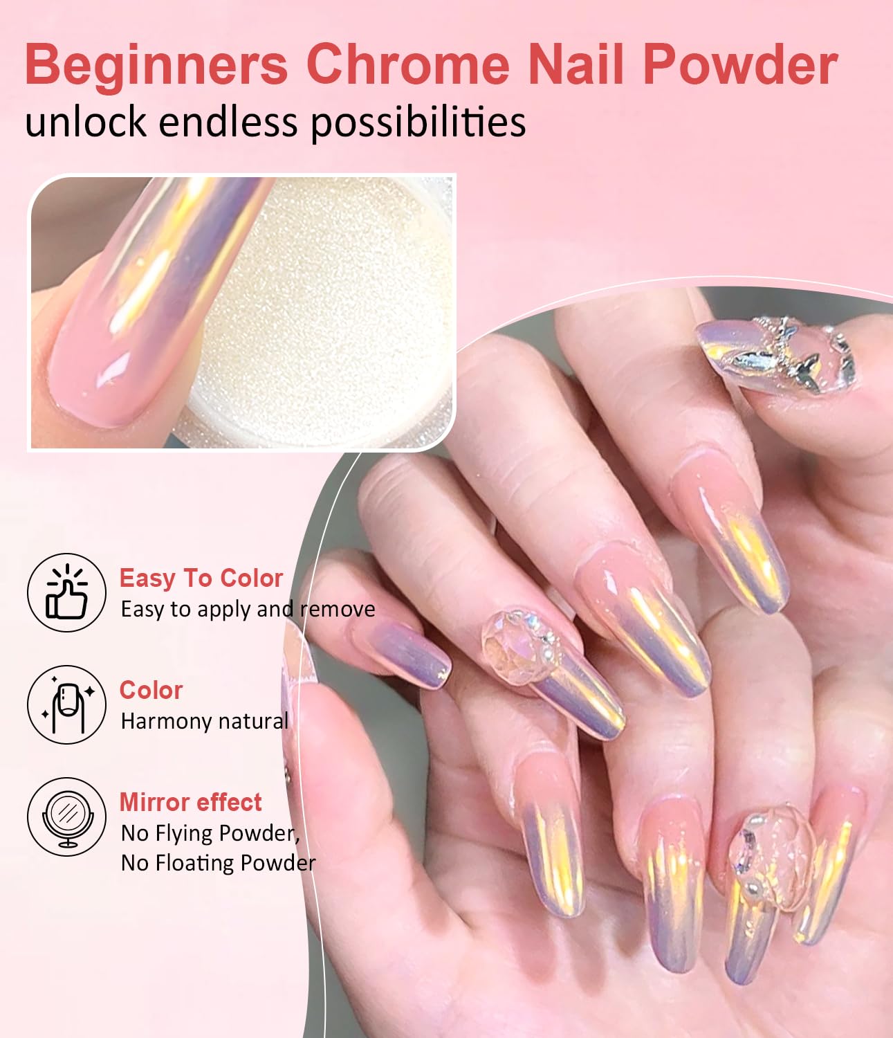 Gold Chrome Nail Powder BISHENGYF -【Magic Mirror Effect】 Pearl Chrome Nail Powder Aurora Mermaid Iridescent White Roas Gold Nail Chrome Powder Pigment Glitter Dust for Manicure Decroation DIY-BrightBean Baby