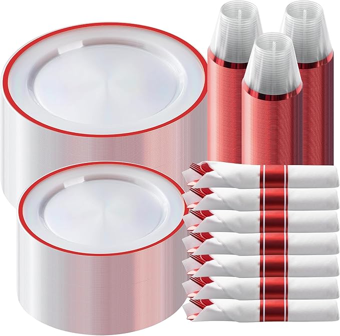 Goodluck 350 Piece Red Plastic Dinnerware Set for Party, Clear Disposable Plates for 50 Guests, Include: 50 Dinner Plastic Plates, 50 Dessert Plates, 50 Pre Rolled Napkins with Cutlery Set, 50 Cups