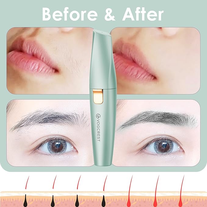 Eyebrow Facial Trimmer: 2 in1 Rechargeable Facial Hair Removal and Eyebrow Shaver - Face Lips Body Painless Facial Razor with Built-in LED Light (Pastel Green)-BrightBean Baby