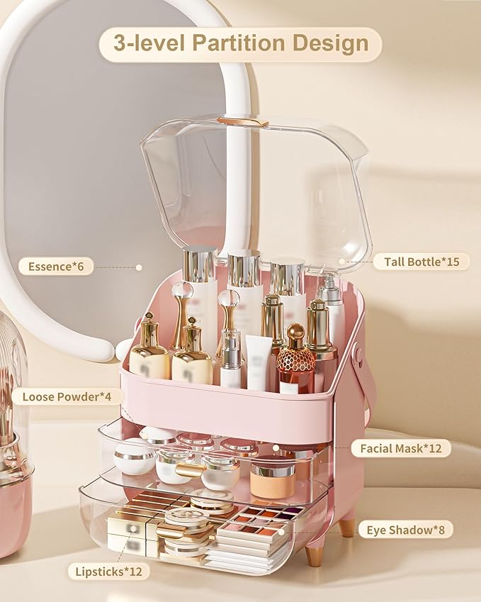 Makeup Organizer, Skincare Holder Bathroom Counter Organizer, Storage Box Cosmetic Display Cases, Teen Girl Gifts Trendy Stuff Make up Organizers for Vanity, Dresser, Countertop (Pink)-BrightBean Baby