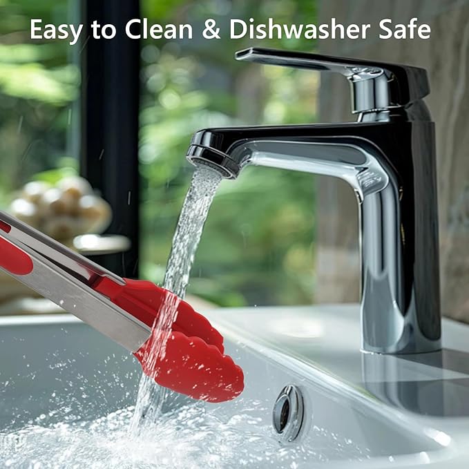 Kitchen Tongs, 2pcs Barbecue Tongs 10 inch & 12 inch with Silicone Tips, 1pc Brush Stainless Steel Cooking Tongs with Heat Resistant Handle for BBQ Serving, Grilling, Buffet, Dishwasher Safe (Red)