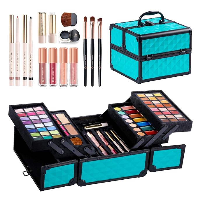 Color Nymph All In One Makeup Kit Comestics Gifts for Girls Teens, Travel Makeup Set 4 Trays Train Case for Beginner Includes Eyeshadow Highlighter Lipgloss Blush Concealer Brush Eyeliner Lipbalm-BrightBean Baby