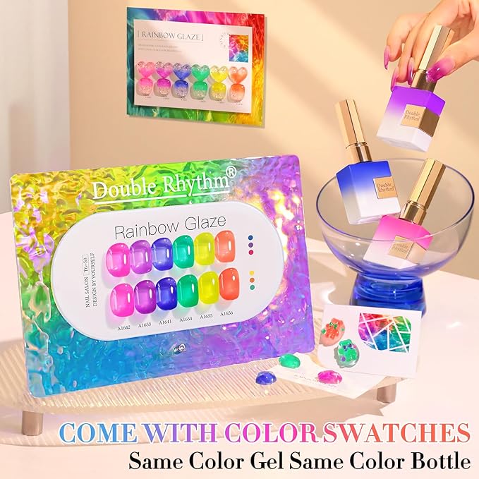 Double Rhythm 6 Pcs 15 ML Gel Polish Set Same Color Same Bottle Soak Off Jelly Neon Gel Polish Kit Nail Art Manicure Salon DIY at Home (Pink Purple Blue Green Yellow Green-T6-50)-BrightBean Baby