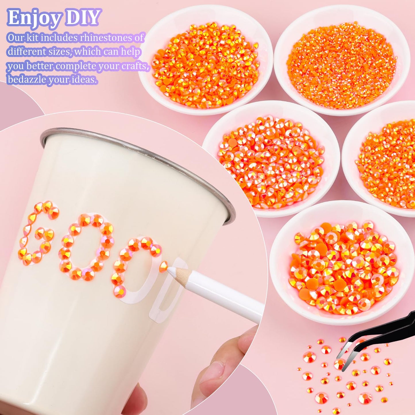 25000Pcs Resin Rhinestones with Tweezers for Crafting, Orange AB 2-6mm Mixed Sizes Bedazzling Crystal with 3Pcs 10ml B7000 Jewelry Glue for DIY Crafts Clothing Tumblers Shoes Fabric Nail Art-BrightBean Baby