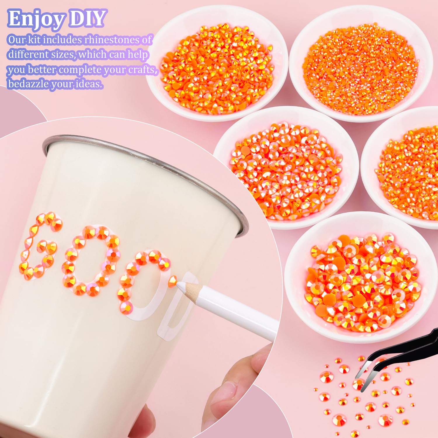 25000Pcs Resin Rhinestones with Tweezers for Crafting, Orange AB 2-6mm Mixed Sizes Bedazzling Crystal with 3Pcs 10ml B7000 Jewelry Glue for DIY Crafts Clothing Tumblers Shoes Fabric Nail Art-BrightBean Baby