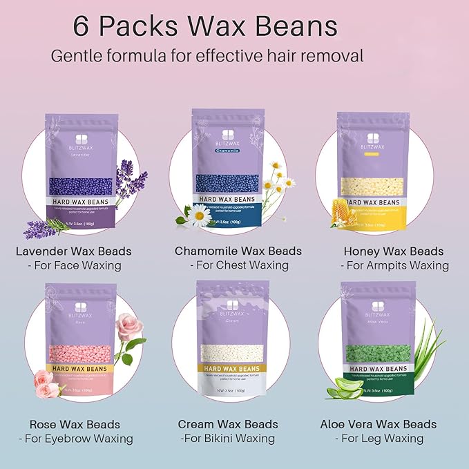 BLITZWAX Brazilian and Bikini Waxing Kit for Women, Hard Wax Warmer for Face, Legs and Body, At Home Hair Removal Kit, Beginner Friendly, Quick Heating, Pink and Blue Gradient Color-BrightBean Baby