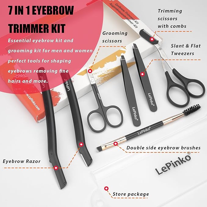 Eyebrow Trimmer Kit, 7 in 1 Eyebrow Scissors, Tweezer, Razor, Gromming Scissors Brush for Women Men, Gifts for Stocking Stuffers - Black-BrightBean Baby