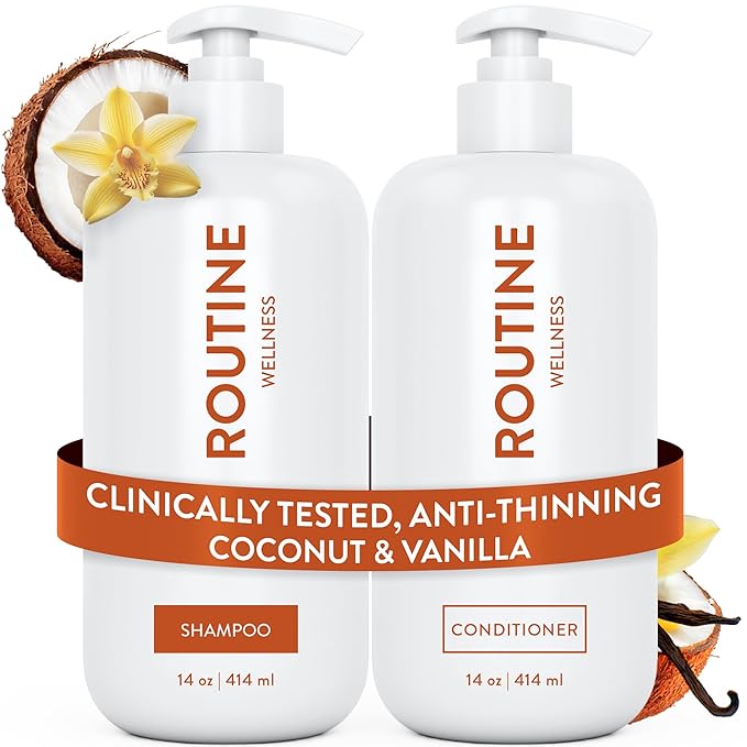 Routine Wellness Anti-Thinning Shampoo and Conditioner Set for Thinning Hair - Biotin DHT Blocker Women & Men - Color Safe Shampoo for Hair Loss & Healthier Hair - Coconut & Vanilla (Pack of 2)-BrightBean Baby