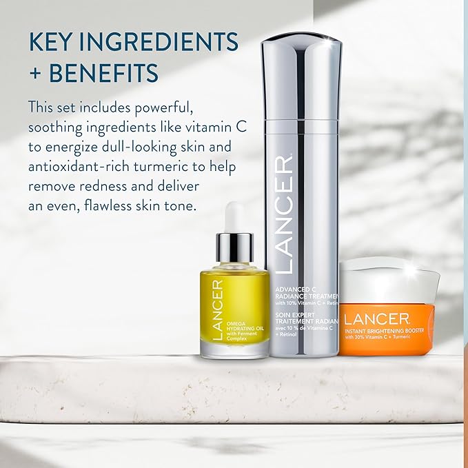 Lancer Skincare Bright & Radiant 3-Piece Set with Instant Brightening Booster, Omega Hydrating Oil, and Advanced C Radiance Treatment for Glowing Skin-BrightBean Baby