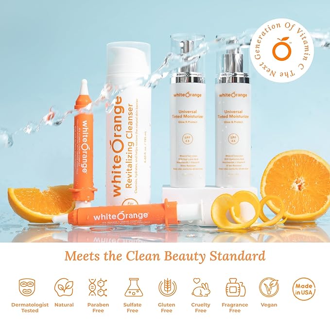 White Orange Full System 3 Step Skincare Routine Premium Anti-Aging Regimen Bundle For Healthy Glowing Skin - Revitalizing Cleanser, Advanced Vitamin C Serum & Universal Tinted Moisturizer with SPF 44-BrightBean Baby