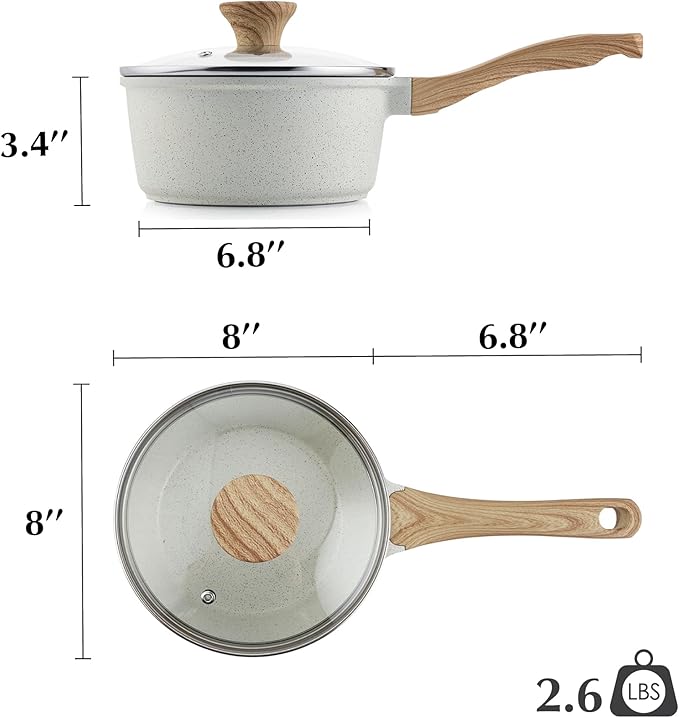 SENSARTE White Ceramic Nonstick Saucepan with Lid 2.5 Quarts - White Granite Coating
