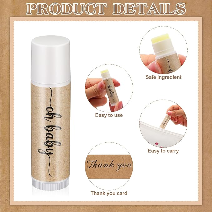 50 Sets Baby Shower Lip Balm Favor with Thank You Tags and Organza Bags, Lip Balm Bulk Baby Shower Gifts for Guests Prizes Gender Reveal Souvenirs Neutral Birthday Supplies-BrightBean Baby