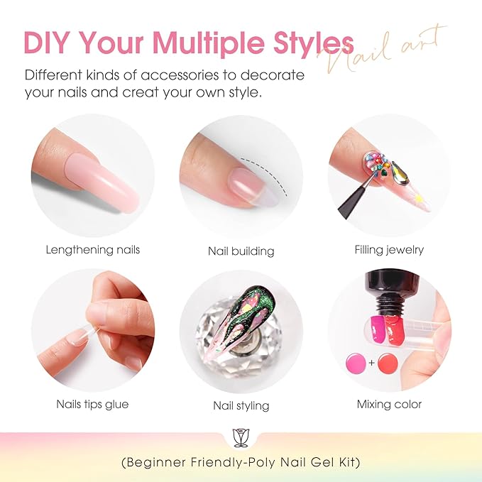 ROSALIND Poly Nail Gel Kit -14 Colors Nail Art Accessories kit Clear Nude Nail Extension Gel Starter with Slip Solution White Nude Pink Nail Extensions Gels Set with Mini UV Lamp-BrightBean Baby