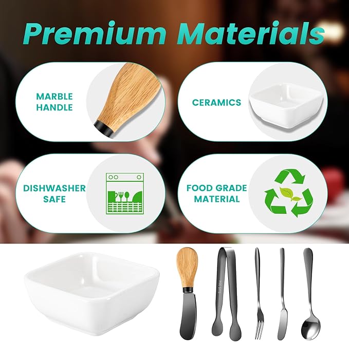 Charcuterie Board Accessories With 3 Oz Ceramic Dip Bowls, Wooden Handle Black Cheese Spreader Butter Knive Set Kit, Mini Tongs, Spoons, Forks,Honey Dipper, Cocktail Picks