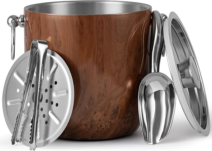 Insulated Ice Bucket, 3L Double Wall Stainless Steel Ice Bucket with Tongs,Lid, Scoop and Strainer, Ice Buckets for Parties,Cocktail Bars, Chilling Beer, Champagne, Wine Bottles,Wood