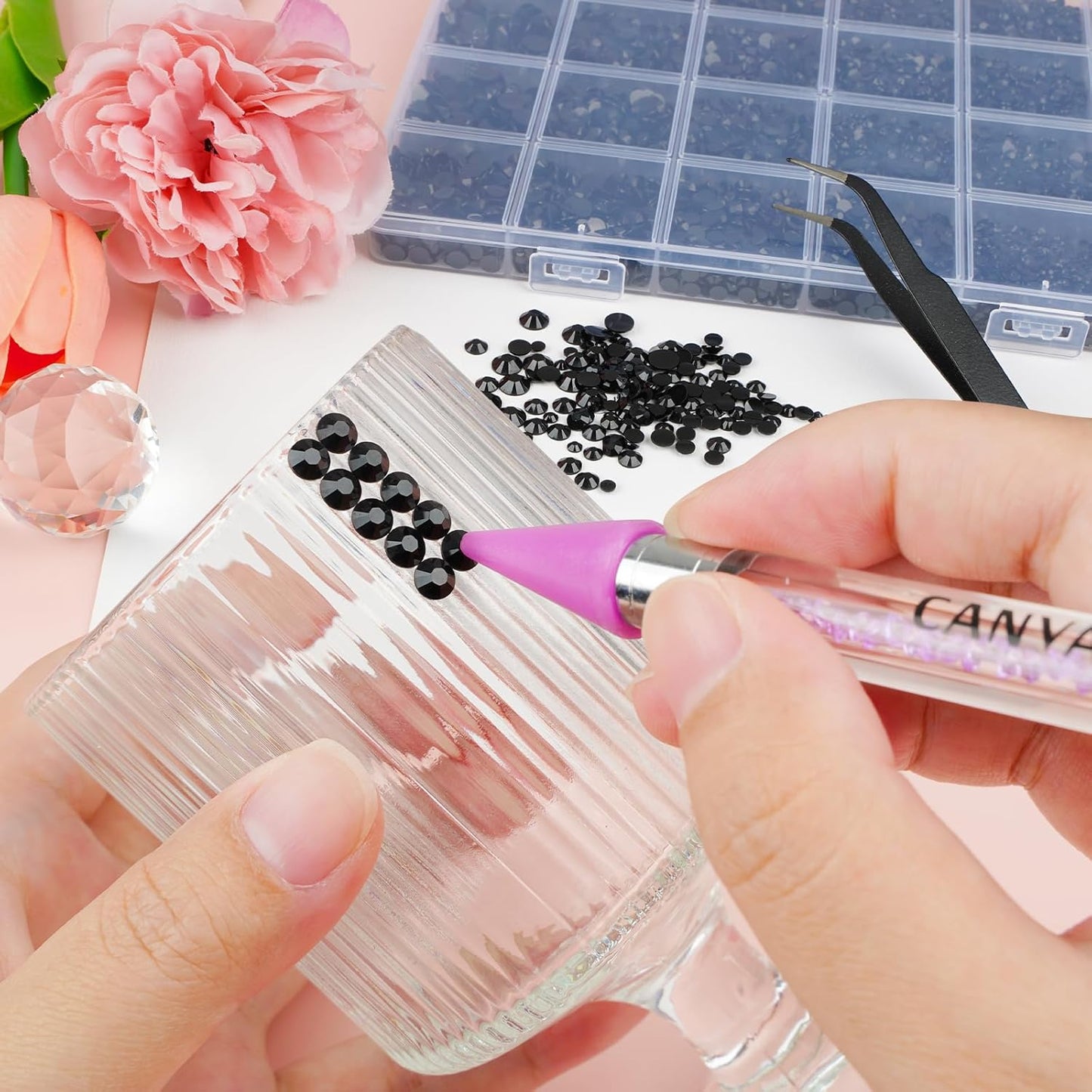 Canvalite 25000PCS Resin Jelly Rhinestones for Crafting, Black Flatback Gems, Bedazzling Crystal with 5x2.5g B7000 Jewelry Glue and Tweezers Dotting Pen for DIY Crafts Clothing Shoes Nail Art-BrightBean Baby