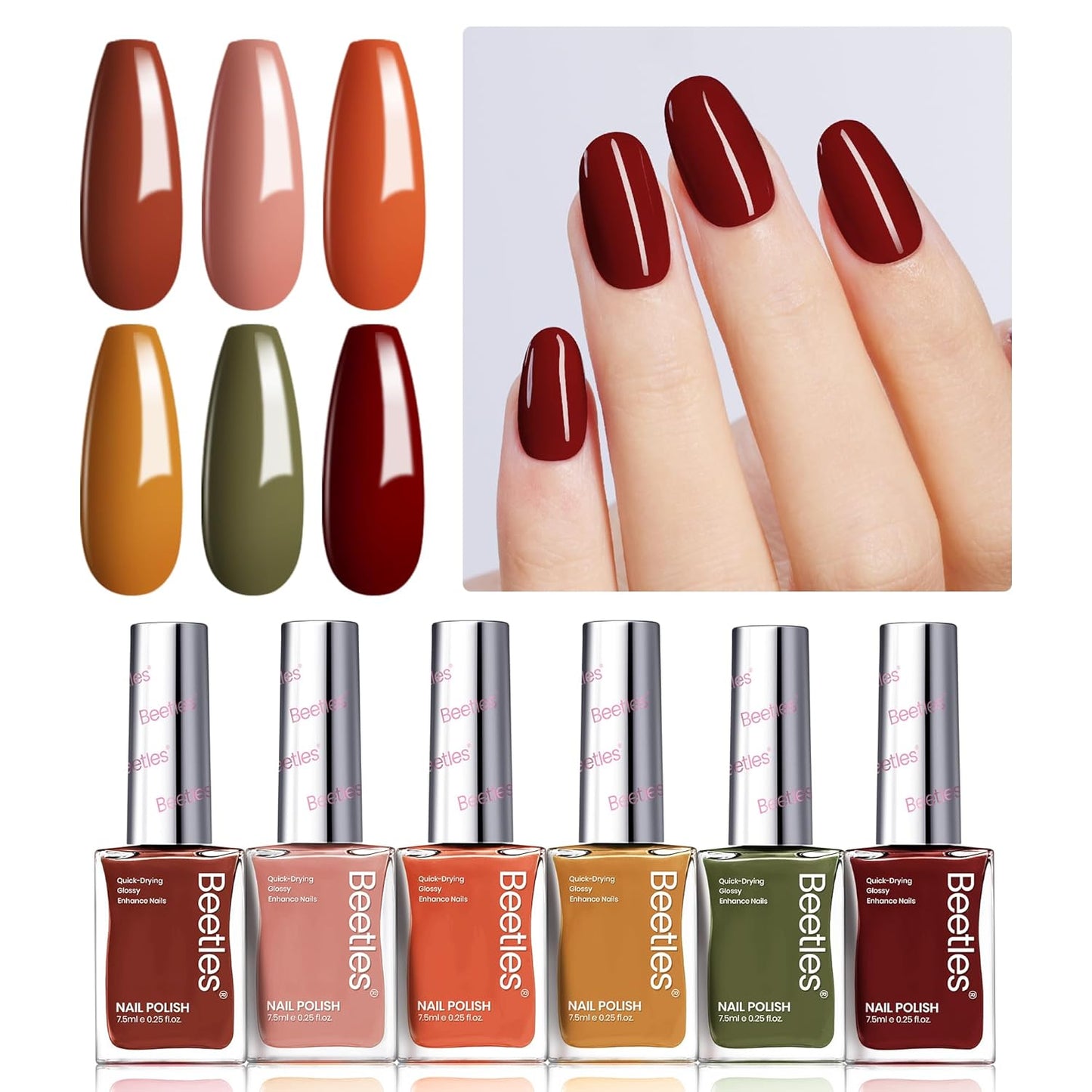 Beetles Fall Nail Polish Set P180, 6 Color Red Yellow Green Quick Air Dry Nail Polish, Natural Nail Lacquer Manicure DIY Nail Art Salon Gift For Women-BrightBean Baby