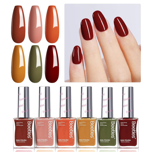 Beetles Fall Nail Polish Set P180, 6 Color Red Yellow Green Quick Air Dry Nail Polish, Natural Nail Lacquer Manicure DIY Nail Art Salon Gift For Women-BrightBean Baby