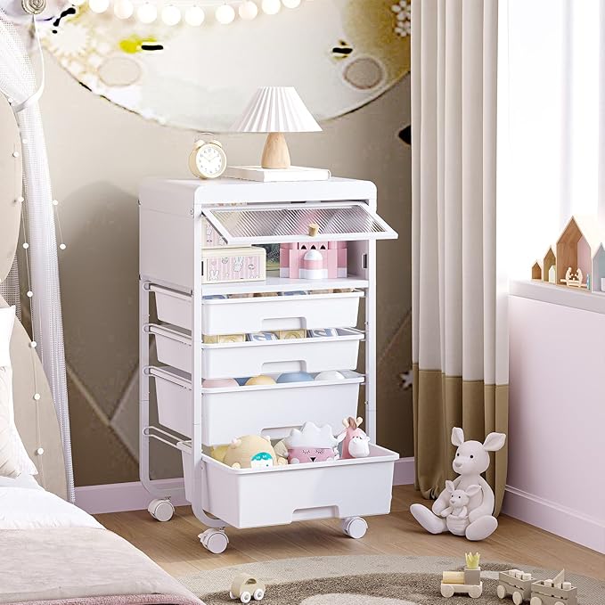 Utility-Rolling-Storage-Drawer-Craft-Cart-Organizers with 4 Drawers & Dust-proof Door for Kid Craft Art Room,Bedroom,Home Office, Craft Drawer cart, Classic White-BrightBean Baby