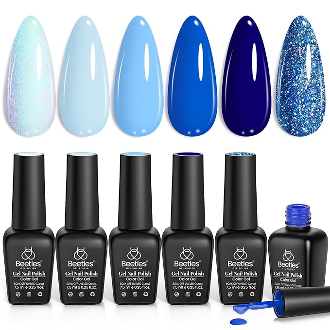 Beetles Blue Gel Nail Polish,6 Colors Baby Blue Glitter Aquarius Holy Water Collection Fall Winter Gel Polish Soak off Uv Led Lamp Nail Art Manicure Gifts for Women-BrightBean Baby