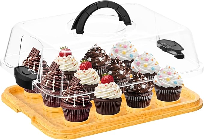 MinBoo Reusable Bamboo Cupcake Storage for Birthday Holiday Party Bakery Supplies Containers Portable 12 Standard-Size Cupcakes with Heightened Transparent Lid & Carry Handle