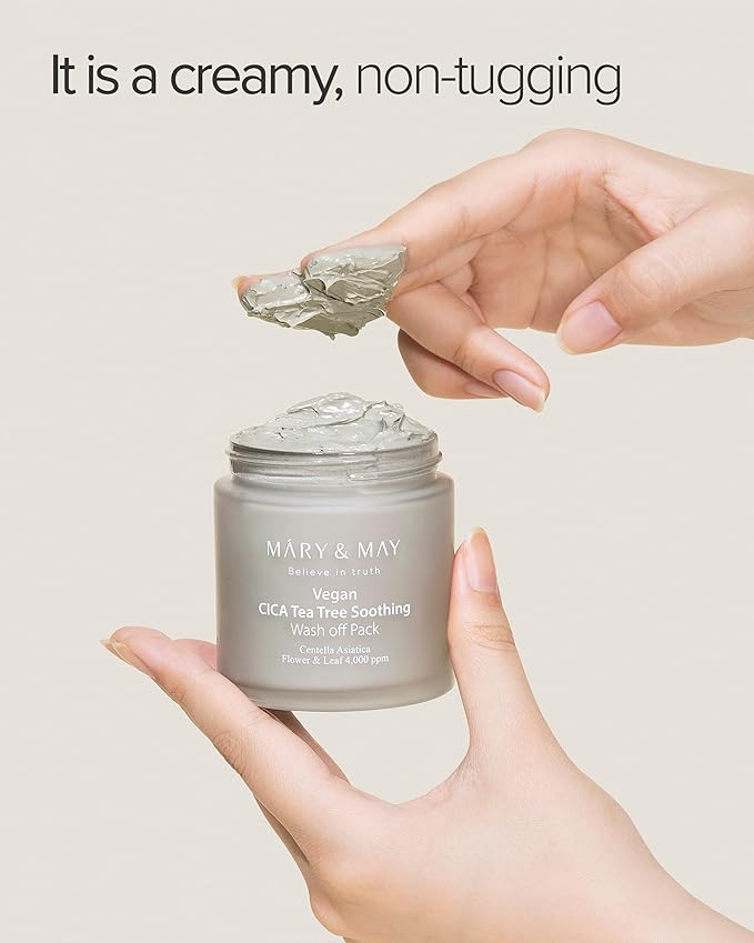 Mary&May Vegan Cica Tea Tree Soothing Wash Off Pack - Natural Centella Clay Mask for Sensitive Skin, Relieves Irritation, Cleanses Pores, and Hydrates, 4.23oz.-BrightBean Baby
