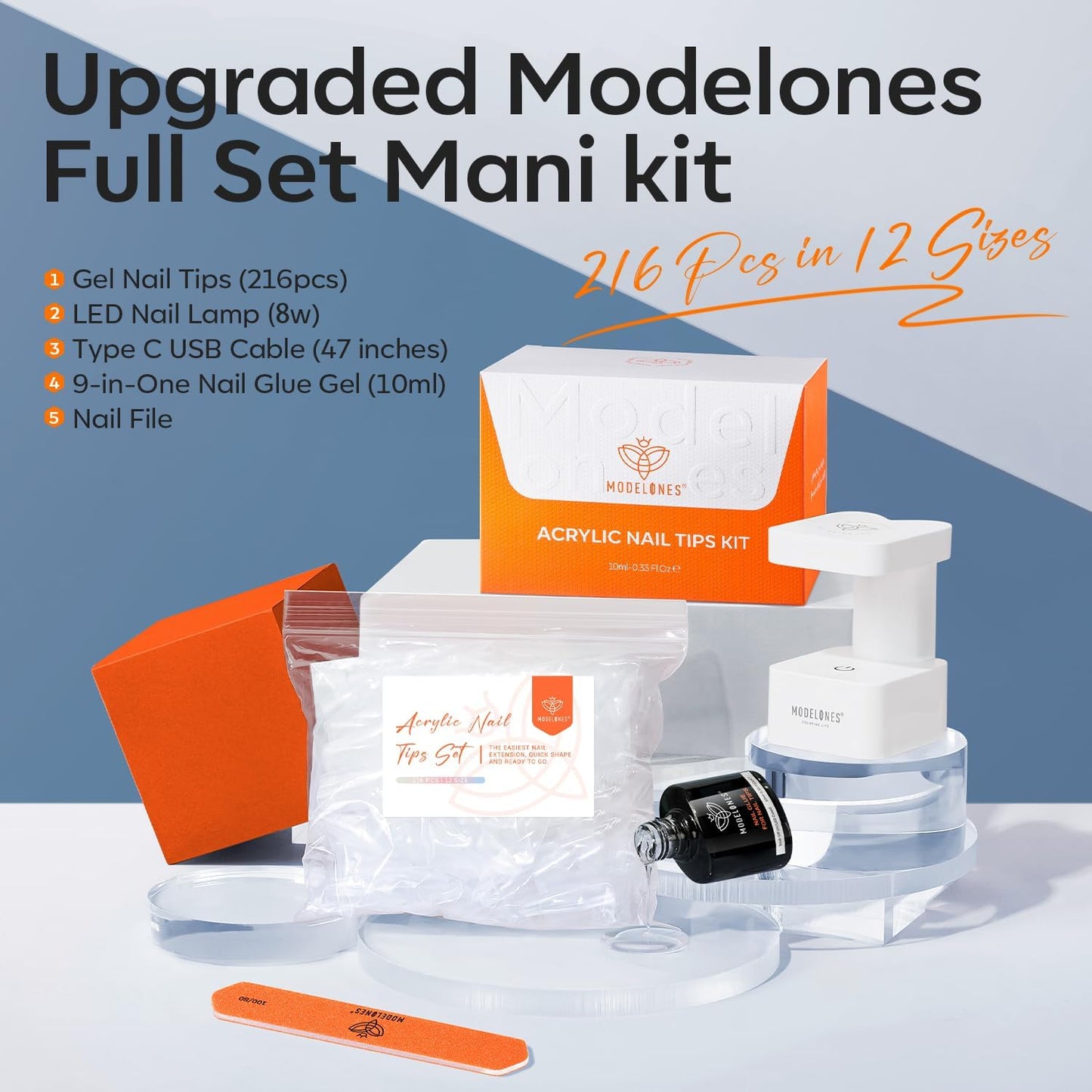 modelones Medium Almond Gel Nail Tips Kit, 9-in-One Nail Glue with Portable U V Lamp 216Pcs 12Sizes Pre-Etched Press ons Fake Acrylic Extension Kit DIY Salon Gift for Women-BrightBean Baby